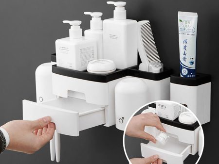 Kitchen Shelf Toothbrush Rack Hole-free Mouthwash Cup Bathroom Wall-mounted 2 Drawers Toothbrush Receptacle Rack + Toothpaste Extruder Cheap