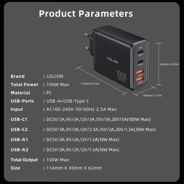 USLION 100W 4-Port USB PD Charger 2USB-A+2USB-C QC3.0 PD3.0 SCP FCP PPS For Cheap